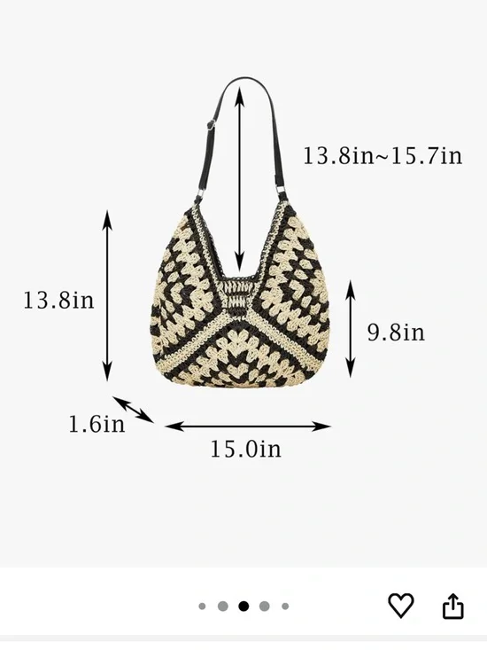 Straw Crochet Hobo Shoulder Bag Black Natural Woven Beach Tote Boho - Picture 6 of 6